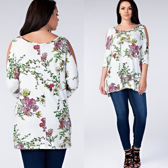 💖PLUS Floral Cold Shoulder Tunic Top - Picture 2 of 3